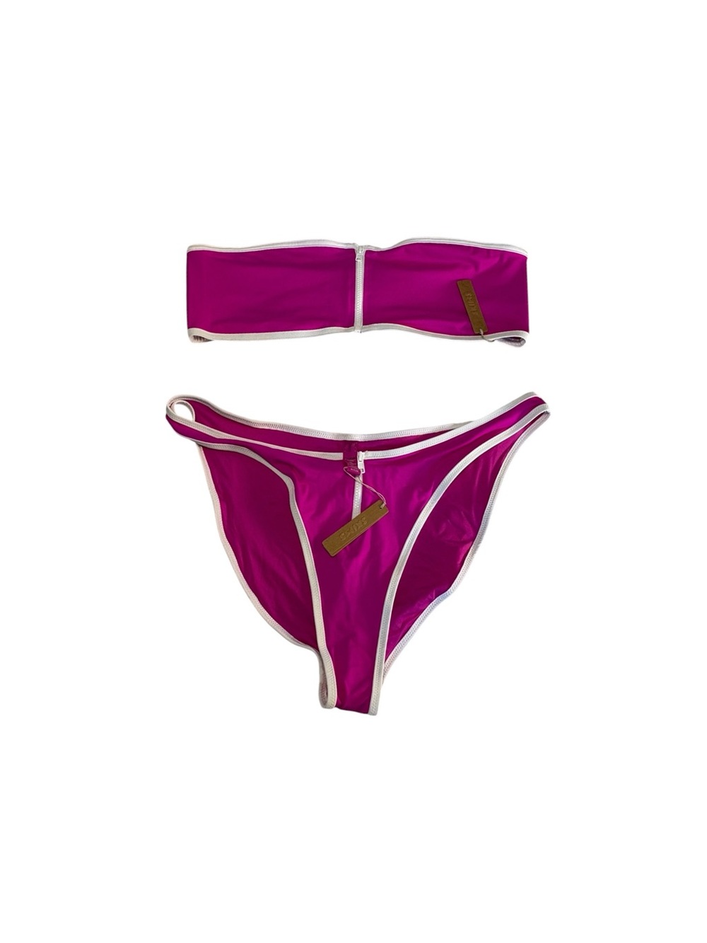 SKIMS Sporty Zipper Swim Bikini Set 3X Hibiscus Pink Bandeau Dipped Tanga